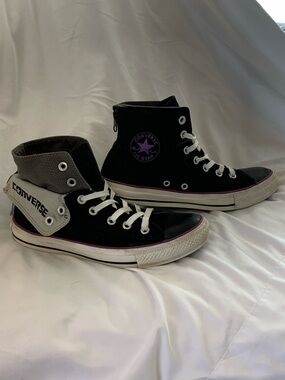 Converse Black/Gray Two Fold  High Top Sneakers with Purple Star Accent